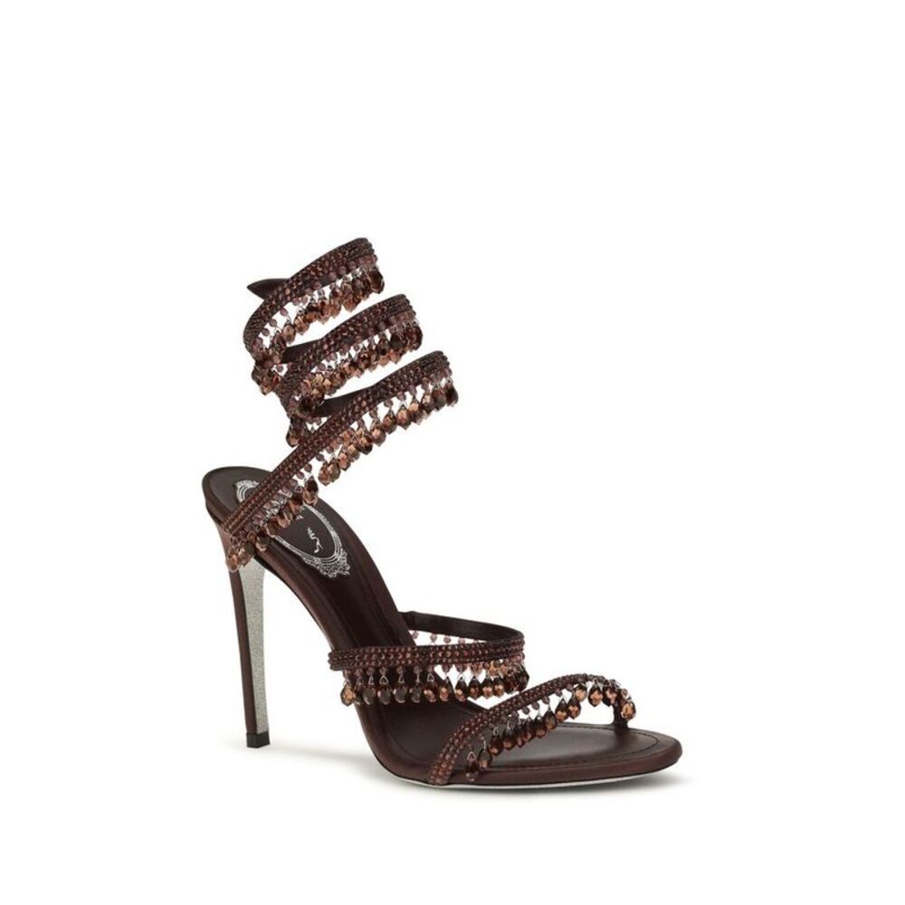RENE CAOVILLA Brown Silk Stiletto Heel Women's Sandals - Picture 2 of 3